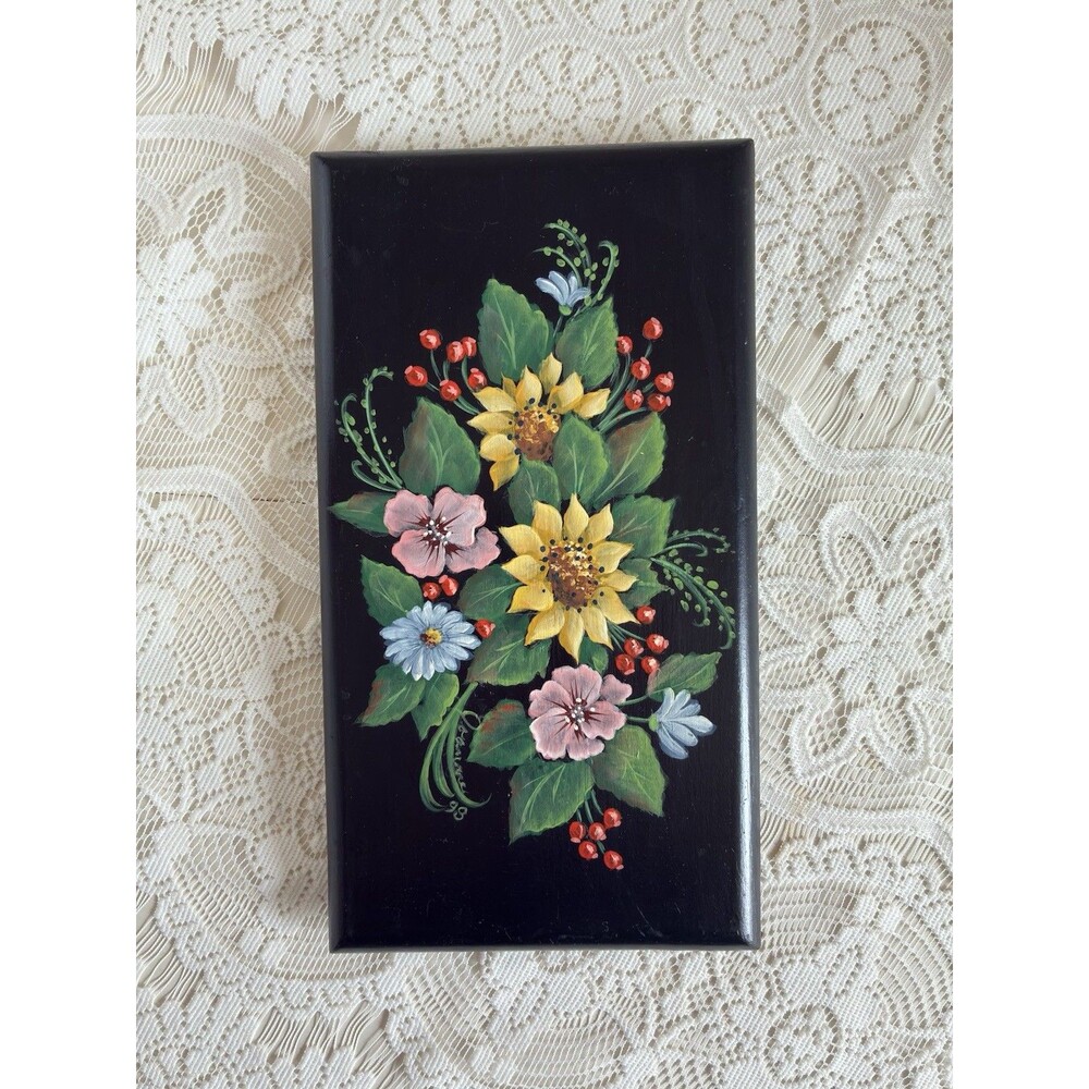Vintage Colorful Floral Wooden Wall Shelf Plaque Country Kitchen Decor Signed 98